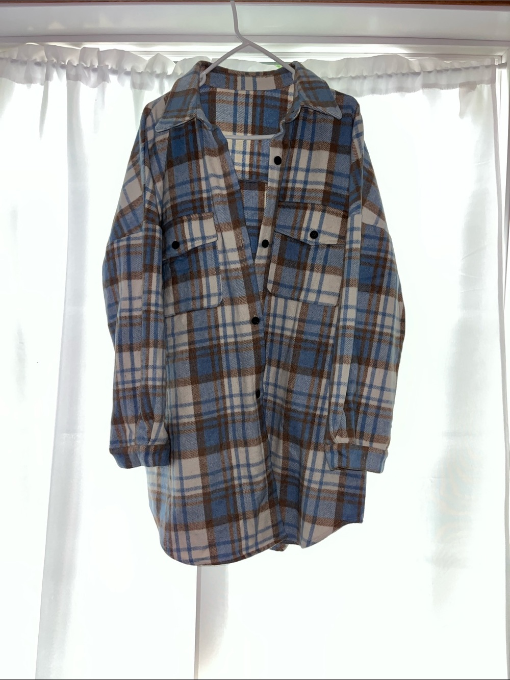 Oversized Plaid Utility Shacket Jacket in Blue and Brown